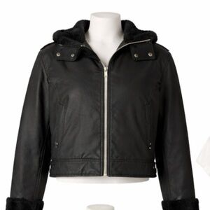 Old Navy Black Leather Jacket with Fur Collar